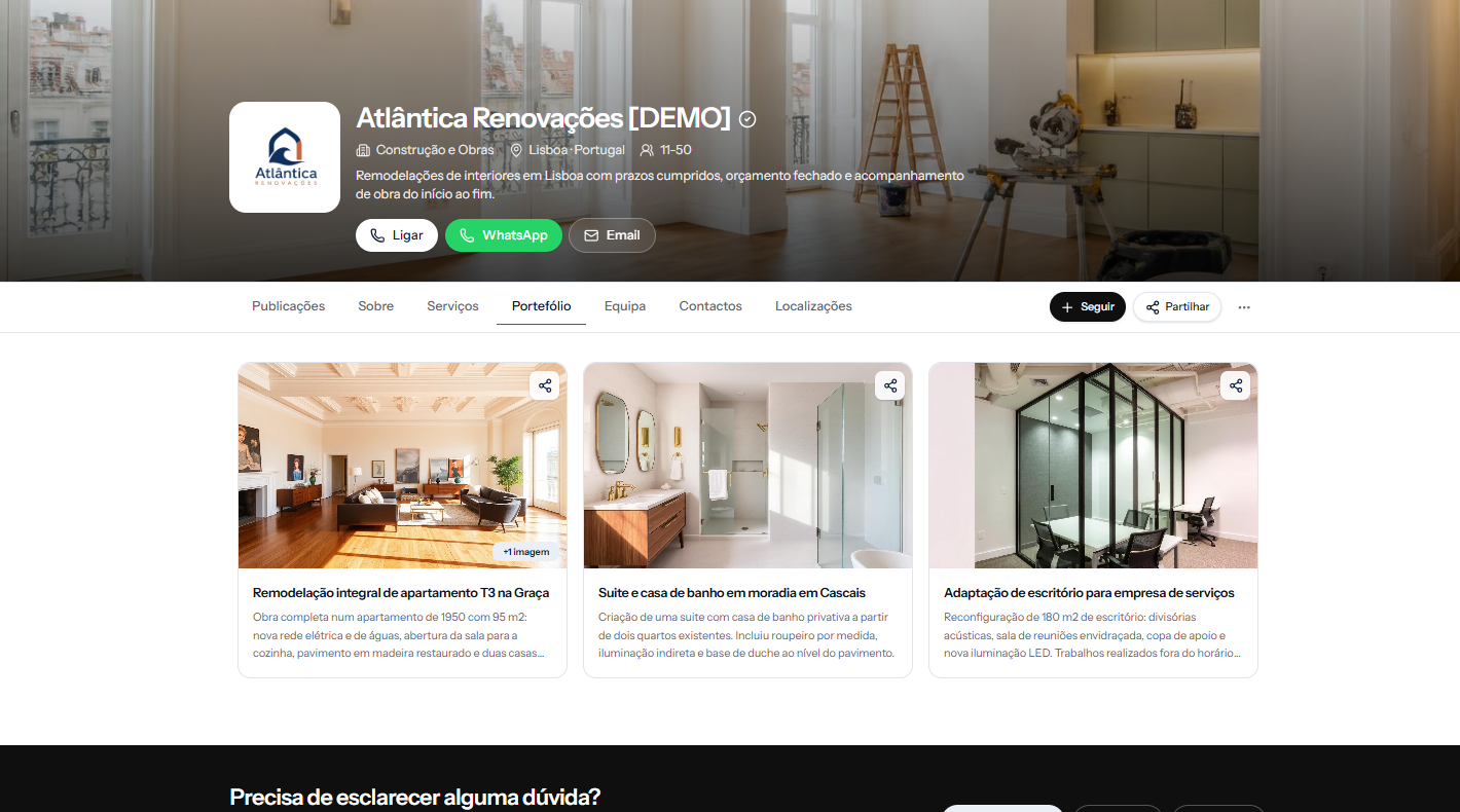 Página de portefólio da Atlântica Renovações na bizhap, com projetos realizados