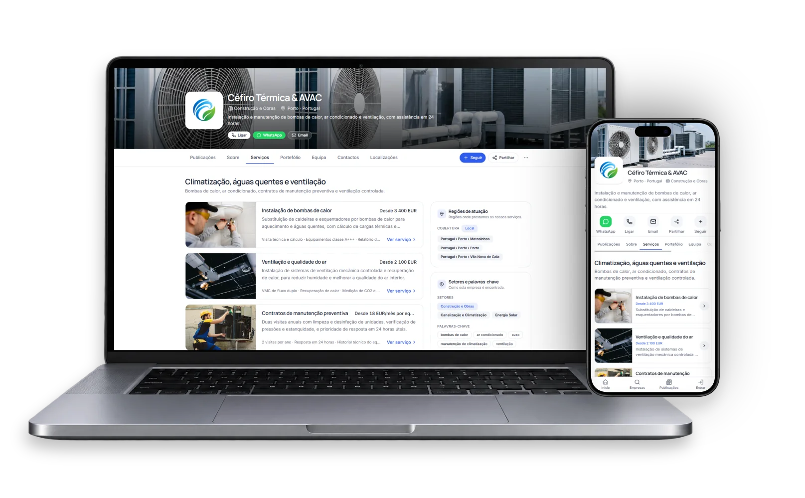 Página de uma empresa na bizhap, com serviços, portefólio e contactos, vista num portátil e num telemóvel