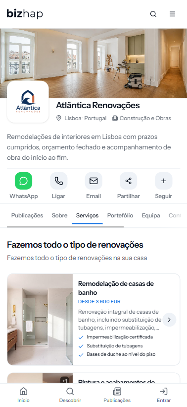Página da Atlântica Renovações vista no telemóvel, com serviços e menu inferior