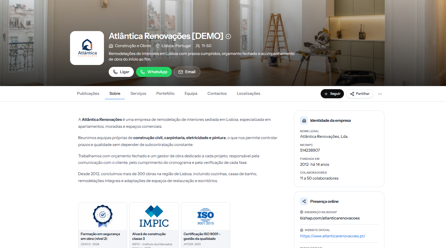 Página sobre a Atlântica Renovações na bizhap, com identidade da empresa e certificações