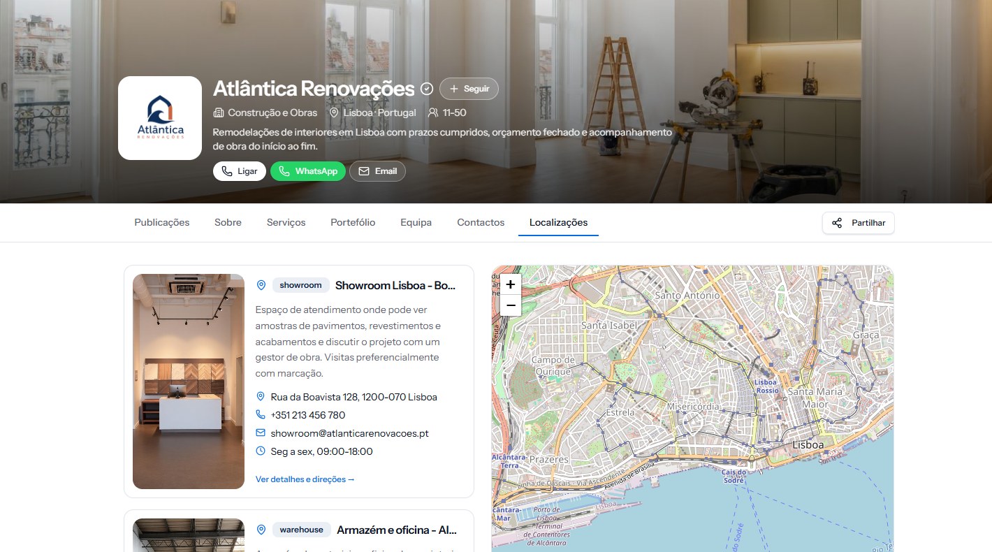 Página de localizações da Atlântica Renovações na bizhap, com morada e mapa