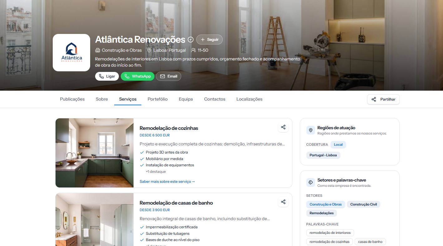 Página de serviços da Atlântica Renovações na bizhap, com preços e regiões de atuação