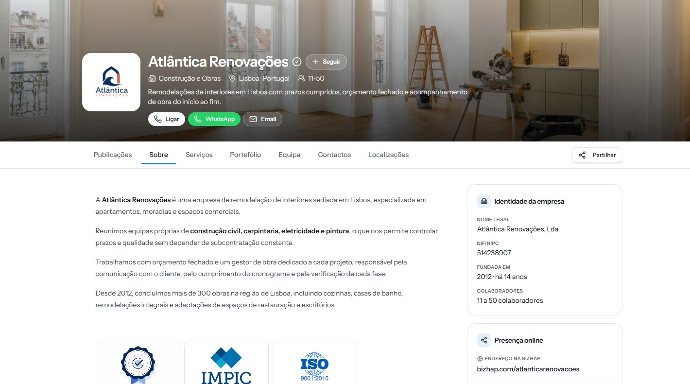 Página sobre a Atlântica Renovações na bizhap, com identidade da empresa e certificações